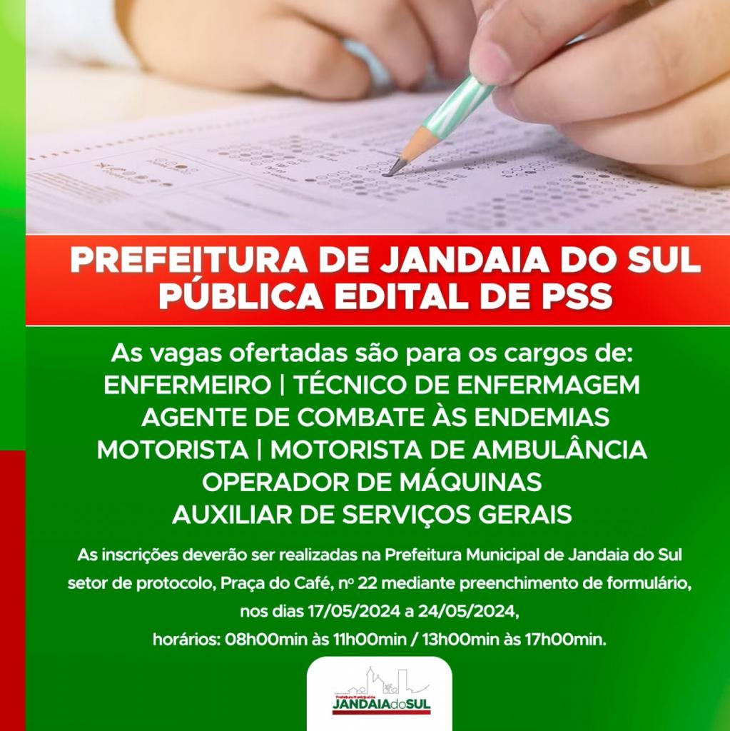 PREFEITURA DE JANDAIA DO SUL DIVULGA EDITAL PARA PROCESSO SELETIVO SIMPLIFICADO DO DEPARTAMENTO DE SAÚDE
